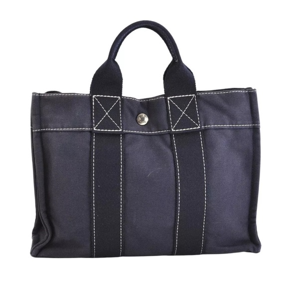 HERMES Vintage Deauville PM Hand Tote Bag Purse Canvas Navy Blue 3221M - Picture 1 of 16